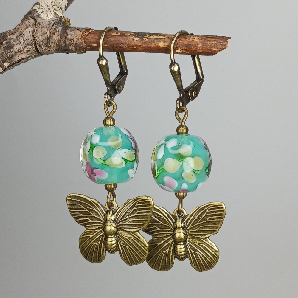 HAND CRAFTED Boho Floral Glass Brass Butterfly Dangle Earrings